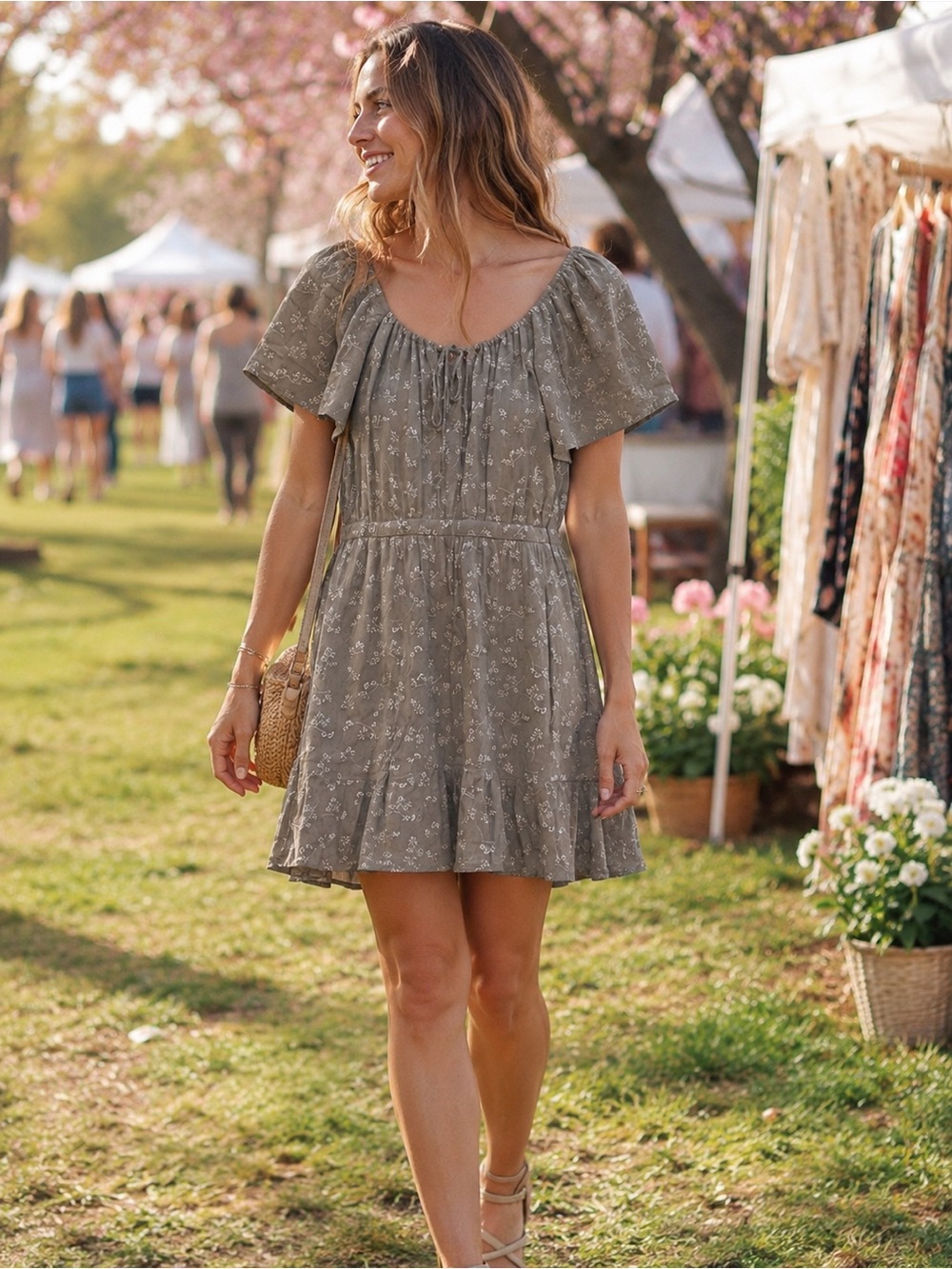 Abercrombie & Fitch Dusty Sage Floral Scoop-Neck Mini Dress
